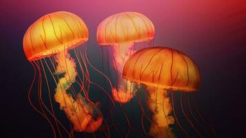 Close-up of a swarm of red glowing jellyfish in an aquarium, generate ai photo