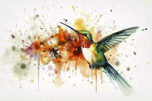 Create a beautiful painting of a hummingbird feeding on nectar watercolor painting, beautiful natural forms, crisp clean shapes, colorful, white background, generate ai photo