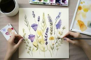 pintar un serie de acuarela botánico ilustraciones, exhibiendo diferente tipos de flores y follaje con científico exactitud, generar ai foto