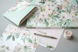 Create a set of watercolor floral patterned stationery that includes notecards, envelopes, and letterheads, generate ai photo