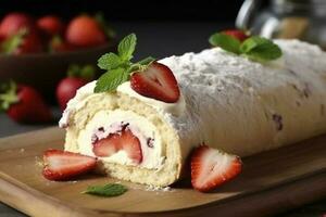 delicioso pastel rodar con fresas y crema en de madera junta, de cerca, generar ai foto