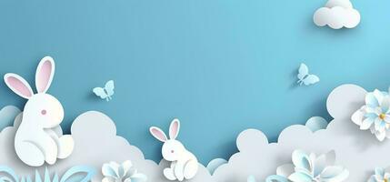 Horizontal banner with paper cut clouds, rabbit, eggs, and hearts, blue sky background, paper cut craft art. A place for text. Happy Easter Day sale concept, template with square frame, generate ai photo