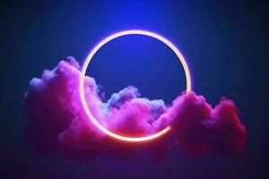 3d render, abstract cloud illuminated with neon light ring on dark night sky. Glowing geometric shape, round frame, generate ai photo