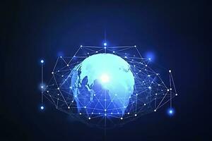 Global network on Earth concept. 3D rendering, World map point. Big data analytics and business concept, world map point and line composition concept of global business, generate ai photo