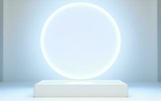 Abstract 3D silver cylinder pedestal podium floating on air with glowing neon ring background. Silver wall scene for product display presentation. rendering geometric platform, generate ai photo