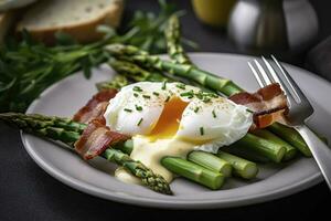 Benedict poached Duck egg with crispy bacon and fried asparagus on toasts for breakfast, generate ai photo