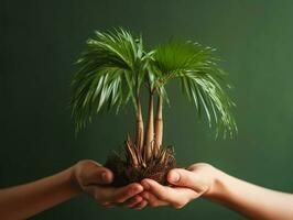 un niño participación un planta en su manos con un verde antecedentes y luz de sol brillante mediante el hojas en el planta, generar ai foto