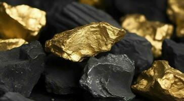 Shiny gold nuggets on coals, closeup view, generate ai photo