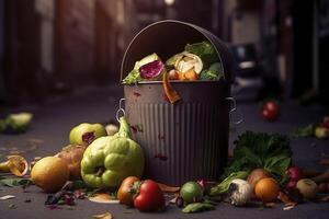 Uneaten unused spoiled vegetables thrown in the trash container. Food loss and food waste. Reducing wasted food, composting, rotten veggies in a trash. . photo