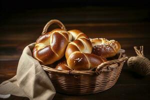 Pretzel sticks and pretzel rolls, Bavarian lye bun with salt in a basket, generate ai photo