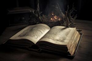 an open book with music notes floating out of it's pages on a dark background with light coming from the top of the book. photo