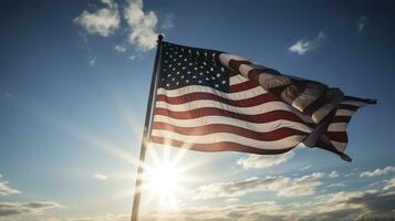 Backlit us national flag flying and waving in the wind over gray stormy cloudy sky, symbol of american patriotism, low angle, generate ai photo