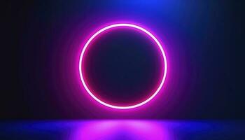 3d render, blue pink neon round frame, circle, ring shape, empty space, ultraviolet light, 80s retro style, fashion show stage, abstract background, generate ai photo