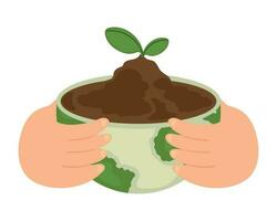 hands with plant in planet ecological sustainability icon vector