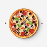 Pizza italiano alimento, plano laico estilo blanco antecedentes. ai generado foto