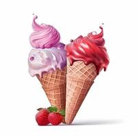 Ice cream with waffle cone and fruit cream. . photo