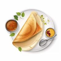 dosa o Tosai es un tortita desde sur India. arroz y negro lentejas, golpeado, hacer un grueso y suave pegar con un aspersión de sal. ai generado. foto