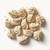 jiaozi son empanadillas lleno con picado carne y Cortado vegetales y envuelto en harina hojas. ai generado. foto