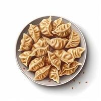 jiaozi son empanadillas lleno con picado carne y Cortado vegetales y envuelto en harina hojas. ai generado. foto