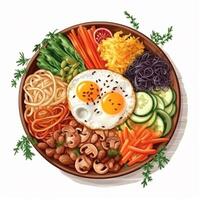 Bibimbap is Korean food, white rice topped with vegetables, beef, eggs and gochujang spicy sauce. photo