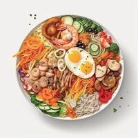 Bibimbap is Korean food, white rice topped with vegetables, beef, eggs and gochujang spicy sauce. photo