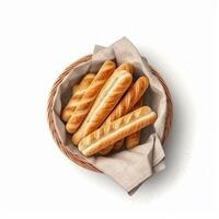 Baguette is a long-shaped bread and the size is large, and the texture is very crunchy. photo