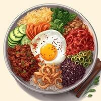 Bibimbap is Korean food, white rice topped with vegetables, beef, eggs and gochujang spicy sauce. photo