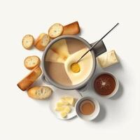 Fondue is a dish that is enjoyed by dipping chunks of food in it cream sauce in the pan. photo