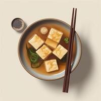 Miso soup is a Japanese soup consisting of dashi plus a filling of seafood or vegetable soup and miso. . photo