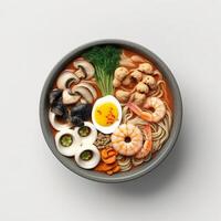 Kalguksu Korean food, with mushrooms, sliced pumpkin, and seafood or chicken. photo