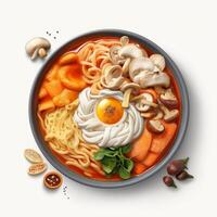 Kalguksu Korean food, with mushrooms, sliced pumpkin, and seafood or chicken. photo