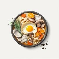 kalguksu coreano alimento, con hongos, rebanado calabaza, y Mariscos o pollo. ai generado foto