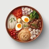 Naengmyeon Korean food with noodles in a tangy meat or kimchi broth. photo