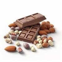 Chocolate bar and almont nuts on white background. photo