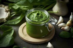 Green pesto sauce made of wild garlic, generate ai photo