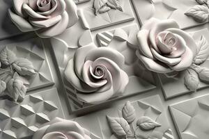 3d clásico fondo de pantalla. Rosa flores en un ligero gris antecedentes con cuadrícula y ondulado formas para pared hogar decoración, generar ai foto