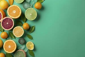 Citrus paradise concept. Top view of juicy oranges, lemons, limes and grapefruits on turquoise background with empty space for promotional text, generate ai photo