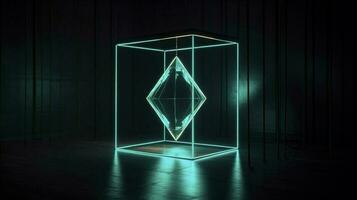 a neon light in blue glowing shape, in the style of bold geometric minimalism, quadratura, hyper-realistic water, dark emerald and light cyan, generat ai photo