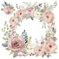 Watercolor traditional floral golden wreath, ivory roses and dusty greenery frame, generate ai photo