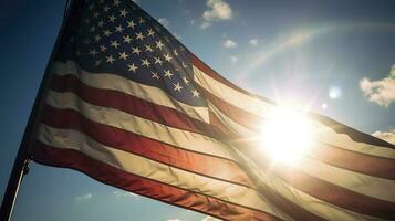 Backlit us national flag flying and waving in the wind over gray stormy cloudy sky, symbol of american patriotism, low angle, generate ai photo