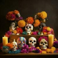 Dia de los Muertos skulls, flowers candles, carneval colorful, lot of flower in the background, generate ai photo