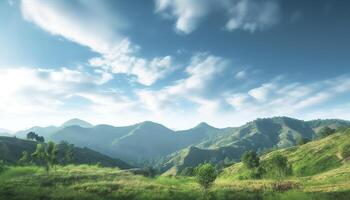 World environment day concept, Green mountains and beautiful blue sky clouds photo