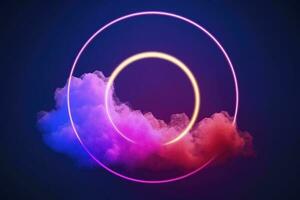 3d render, abstract cloud illuminated with neon light ring on dark night sky. Glowing geometric shape, round frame, generate ai photo