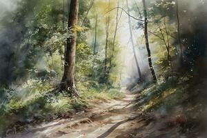 Sunny summer forest.Picture created with watercolors , generate ai photo