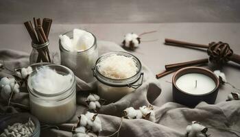 básico conjunto para hecho en casa natural blanco eco soja cera velas en vaso, mecha, perfume. idea para un pasatiempo, negocio. haciendo de moda bricolaje velas sin daño a salud en blanco fondo, generar ai foto