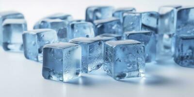 a large selection of ice cubes on a white background, in the style of mike campau, light blue, uhd image, melting, matte photo, icepunk, generate ai photo