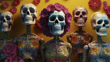 skeleton family, skulls, flowers, dusted, faded, mexican art, day of the dead, hyper detailed, intricate patterns, art deco, vibrant colors, unreal engine, generate ai photo