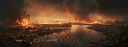Post apocalypse. Nuclear apocalypse survivor. Ruined Cityscape. Concept. Banner size. Header, A nuclear explosion in the center of the metropolis. The beginning of apocalyptic, generate ai photo