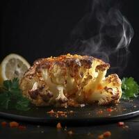 cauliflower steaks with herb sauce and spice. plant based meat substitute, generate ai photo