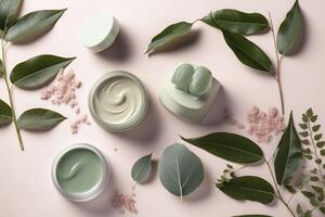 eco simpático productos cosméticos decorado con verde hojas, orgánico facial protección de la piel, maquillaje y piel cuidado cosmético elementos. ai generado imagen. foto